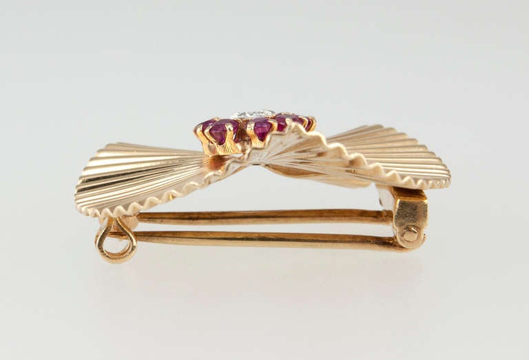 Women's Tiffany & Co. Gold Shell Clip Brooch with Rubies and Diamonds