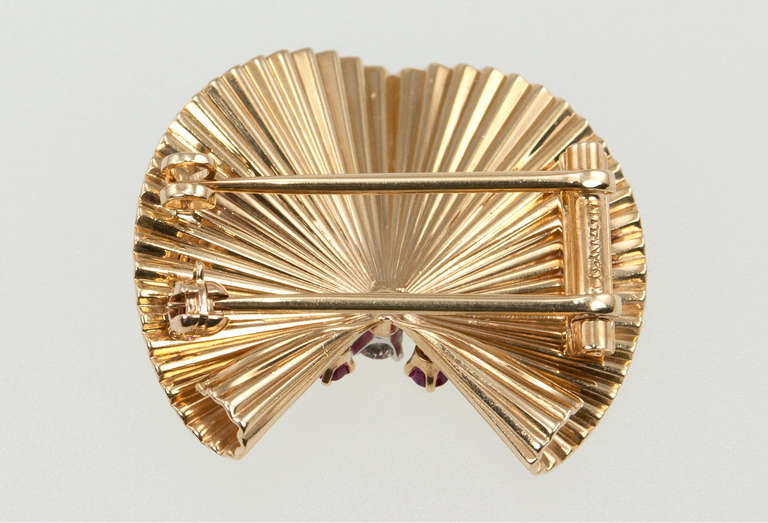 Tiffany & Co. Gold Shell Clip Brooch with Rubies and Diamonds 1