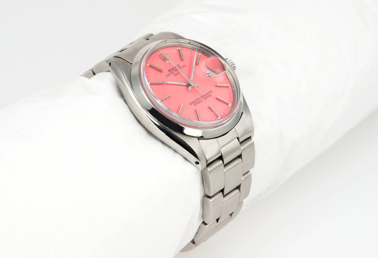 Rolex Stainless Steel Date Custom Pink Dial Wristwatch Ref 1500 In Good Condition For Sale In Los Angeles, CA