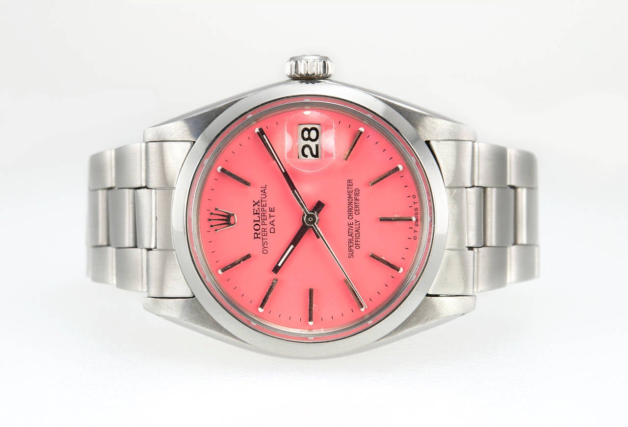 Women's or Men's Rolex Stainless Steel Date Custom Pink Dial Wristwatch Ref 1500 For Sale