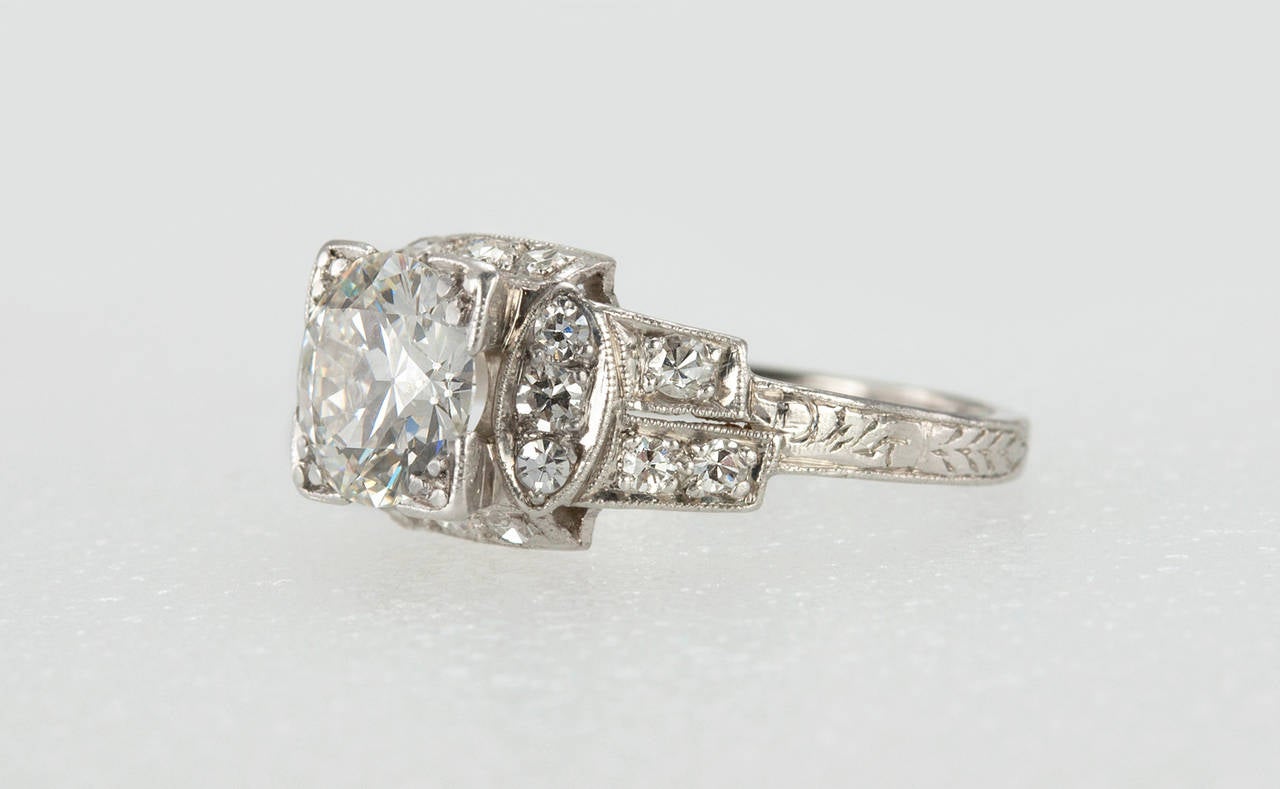 Women's Art Deco 1.42 Carat Diamond Platinum Engagement Ring