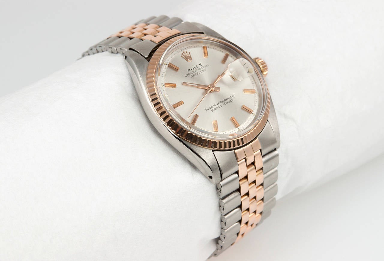 Rolex Rose Gold Stainless Steel DateJust Wristwatch Ref 1601 In Good Condition In Los Angeles, CA