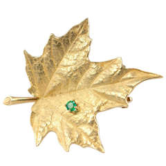 Vintage Tiffany & Co. Gold Leaf Brooch with Emerald