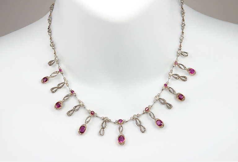 Women's Edwardian Fringe Necklace with Diamonds and Rubies For Sale