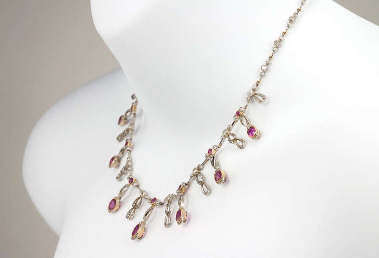 Edwardian Fringe Necklace with Diamonds and Rubies For Sale 1