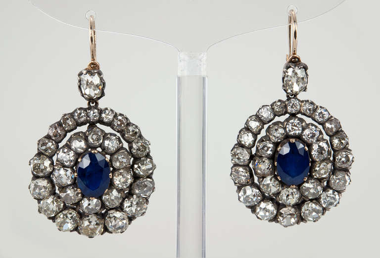 Victorian Sapphire and Diamond Cluster Dangle Earrings 2