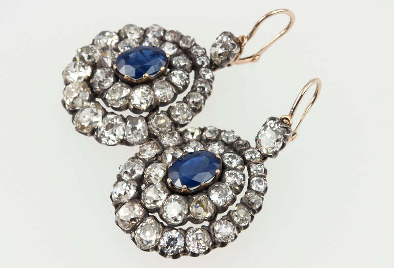 Victorian Sapphire and Diamond Cluster Dangle Earrings In Good Condition In Los Angeles, CA