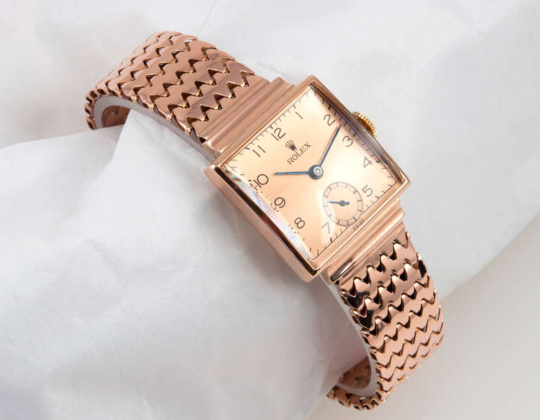 Rolex Rose Gold Square Wristwatch circa 1934 In Excellent Condition In Los Angeles, CA