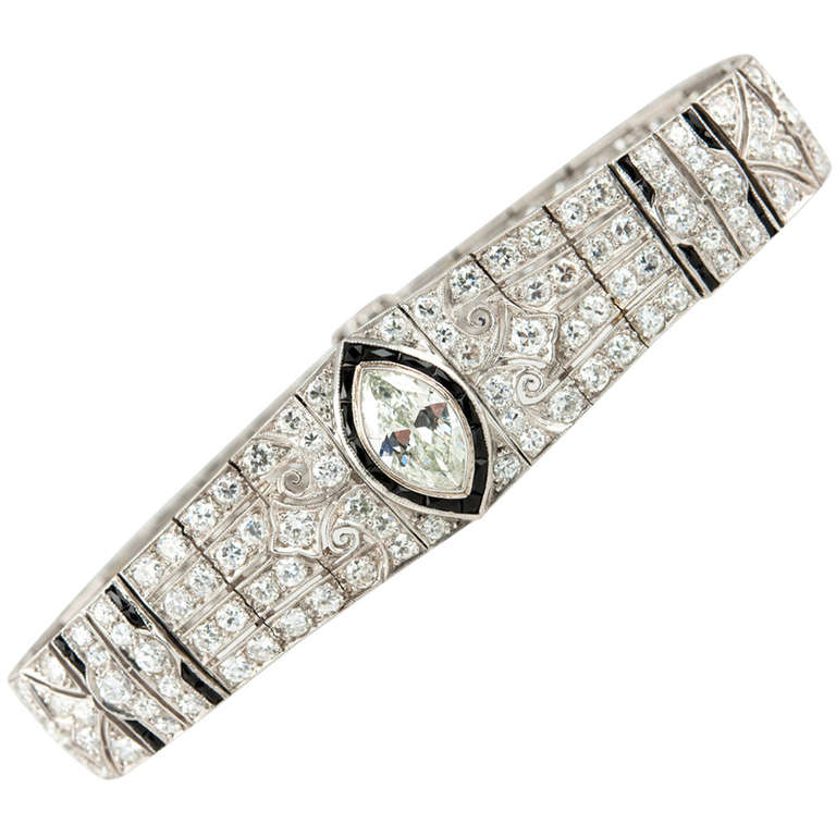 Art Deco Onyx Marquise Diamond Link Bracelet For Sale