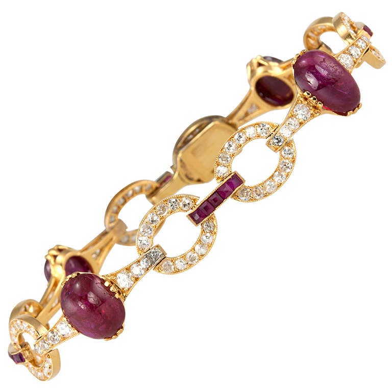 Ruby Diamond Gold Link Bracelet For Sale