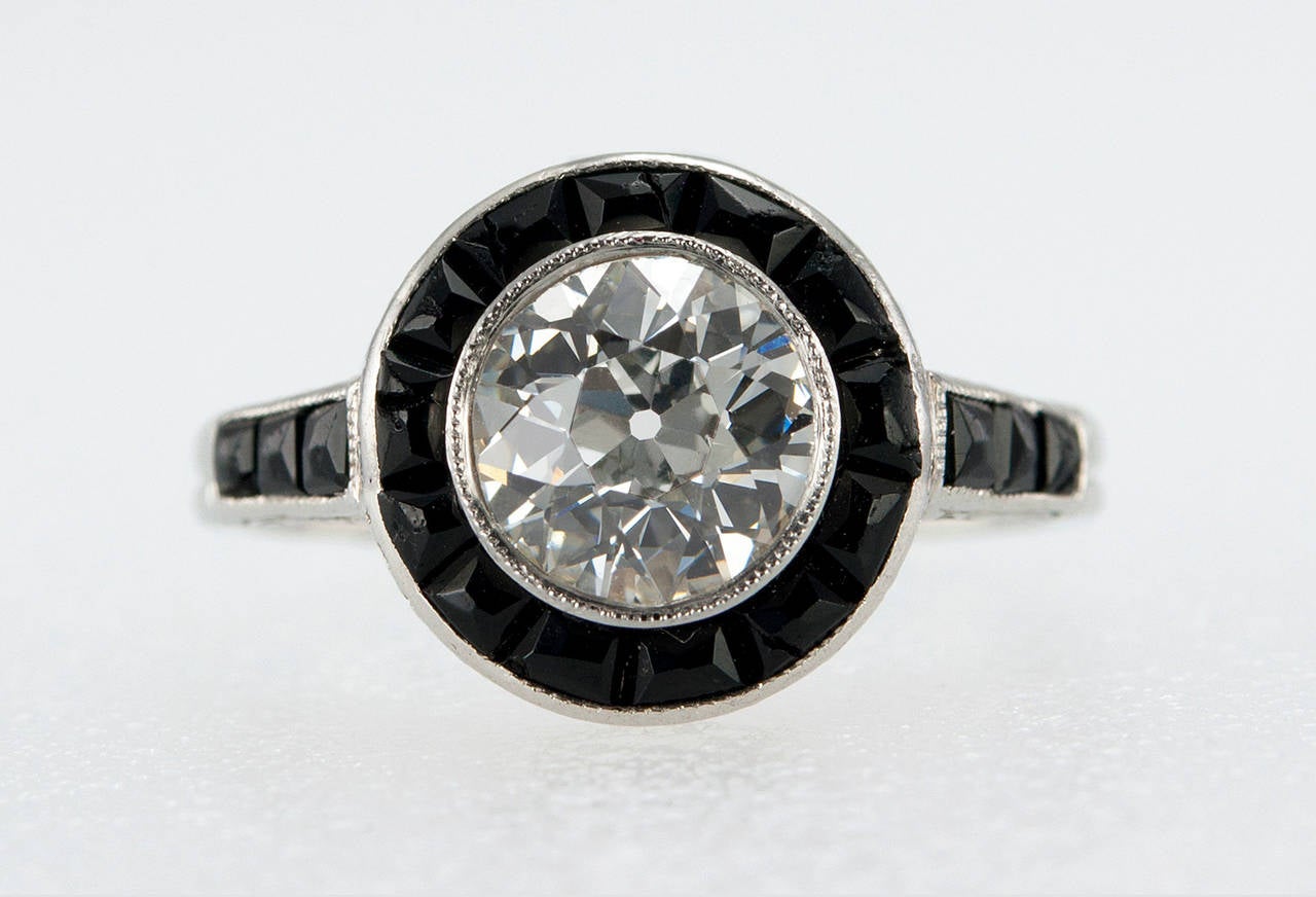 Old European Cut 1.13 Carat Art Deco Diamond and Onyx Ring For Sale
