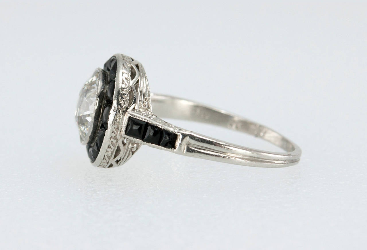 1.13 Carat Art Deco Diamond and Onyx Ring In Excellent Condition For Sale In Los Angeles, CA