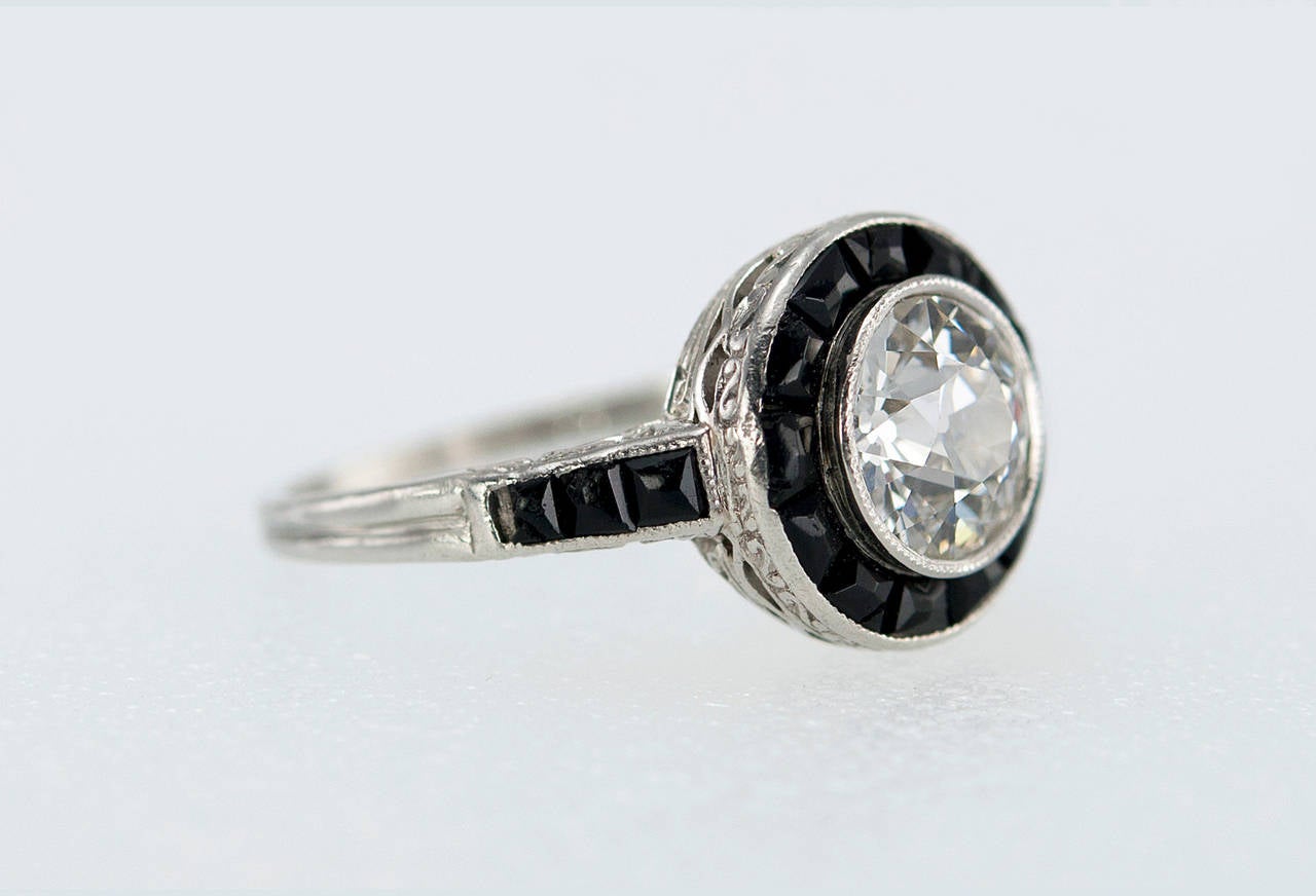Women's 1.13 Carat Art Deco Diamond and Onyx Ring For Sale
