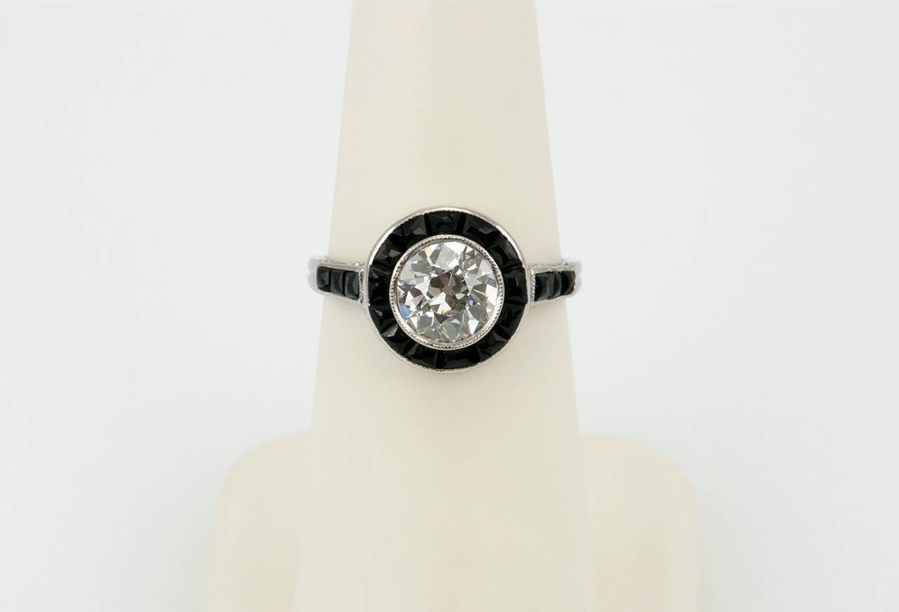 1.13 Carat Art Deco Diamond and Onyx Ring For Sale 1