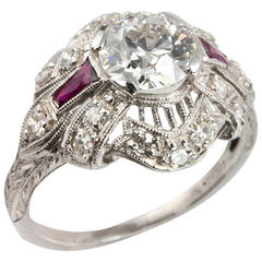 1.10 Carat Old European Cut Diamond and Ruby Engagement Ring