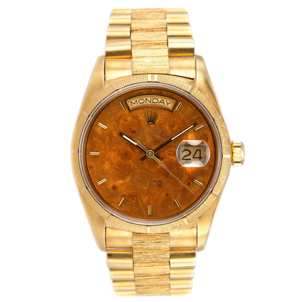 Rolex Yellow Gold President Bark Finish Wood Dial Wristwatch Ref 18078