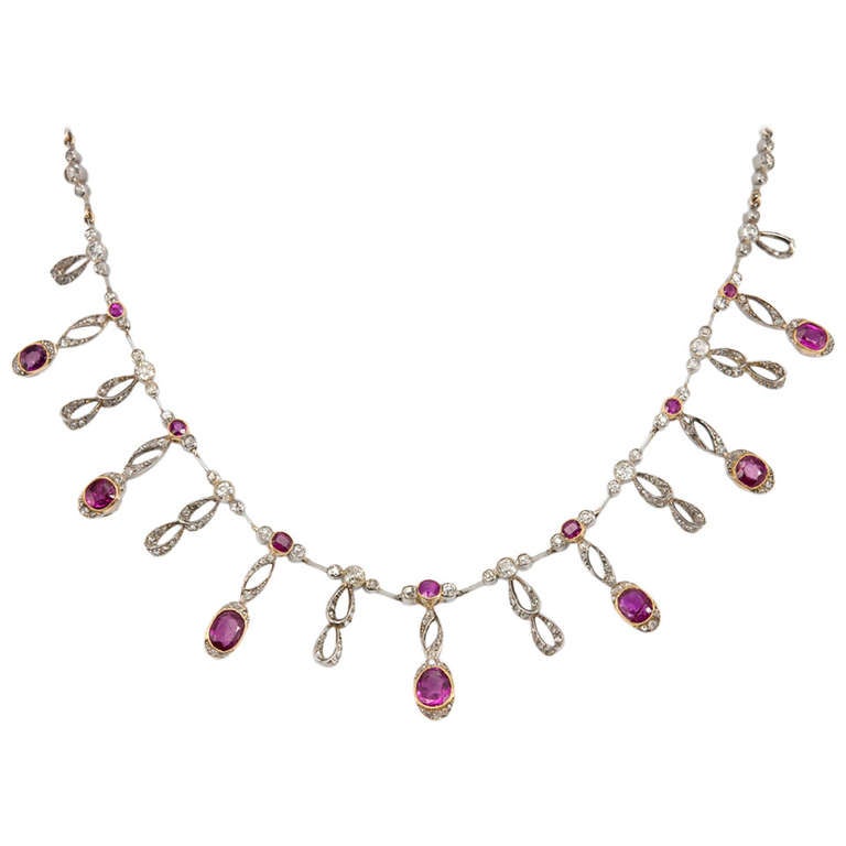 Edwardian Fringe Necklace with Diamonds and Rubies For Sale