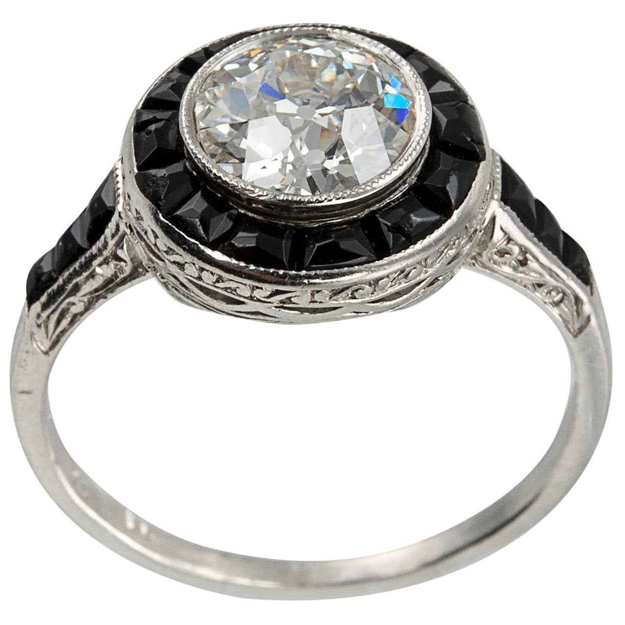 1.13 Carat Art Deco Diamond and Onyx Ring For Sale