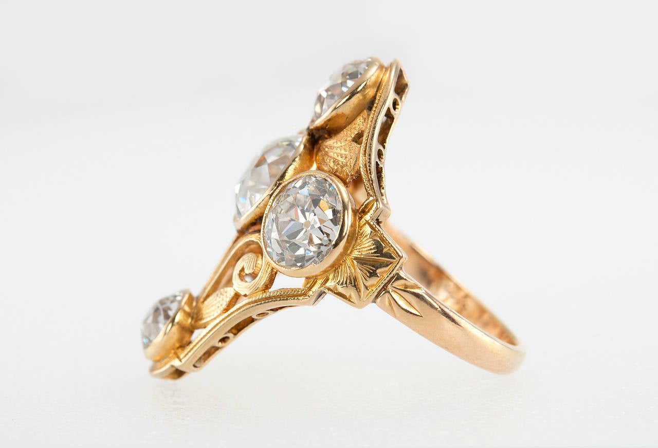 Arts and Crafts Old European Cut Diamond Gold Ring In Excellent Condition For Sale In Los Angeles, CA