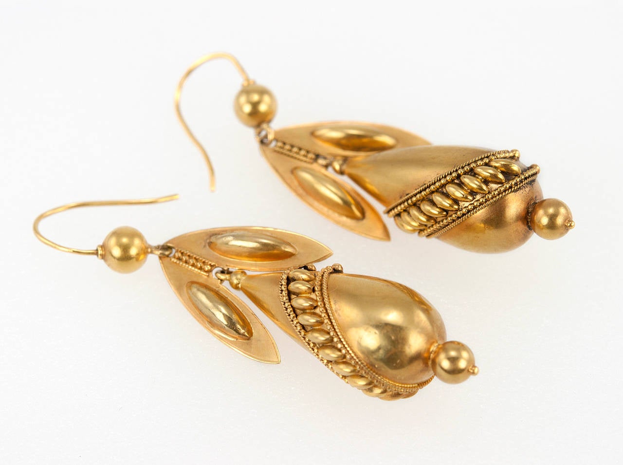 Victorian Archaeological Revival Gold Pendant Earrings For Sale 2