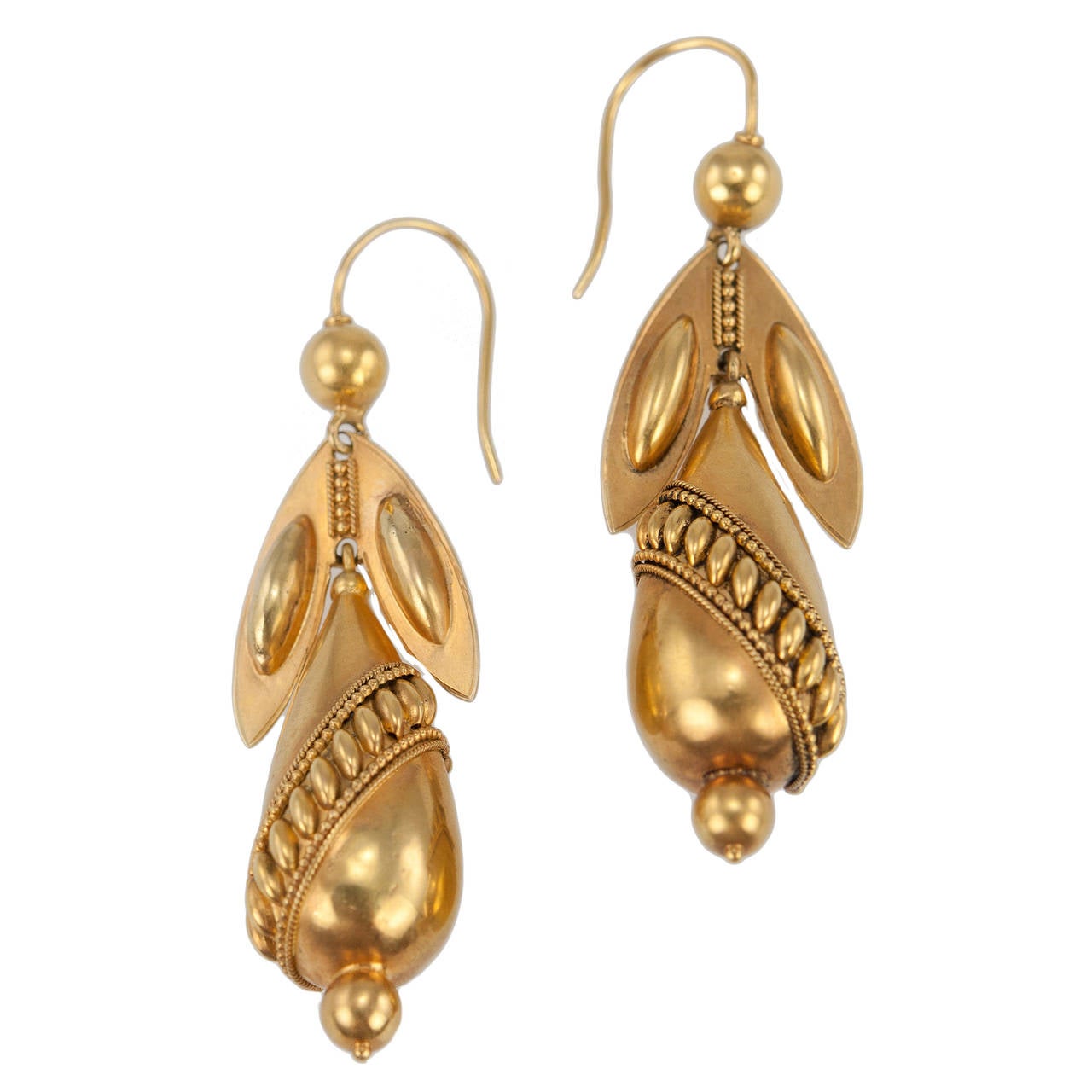 Victorian Archaeological Revival Gold Pendant Earrings For Sale