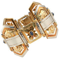 Unusual Ghiso White and Yellow Gold Link Bracelet with Cabochon Sapphires 12