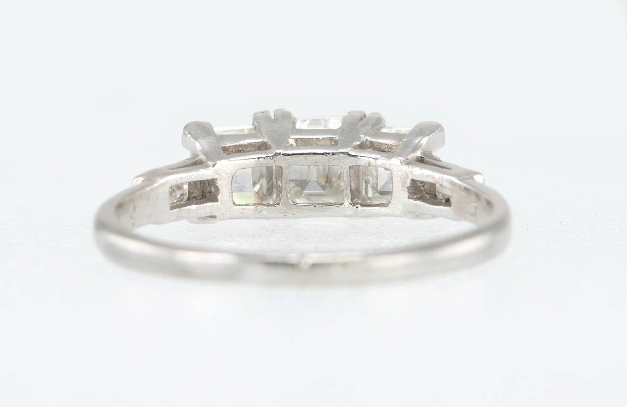 Art Deco Square Emerald Cut Diamond Platinum Three Stone Ring For Sale 4