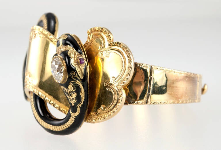 Victorian Enamel Diamond Gold Snake Bangle Bracelet In Good Condition In Los Angeles, CA