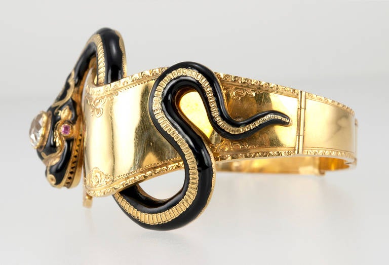 Women's Victorian Enamel Diamond Gold Snake Bangle Bracelet