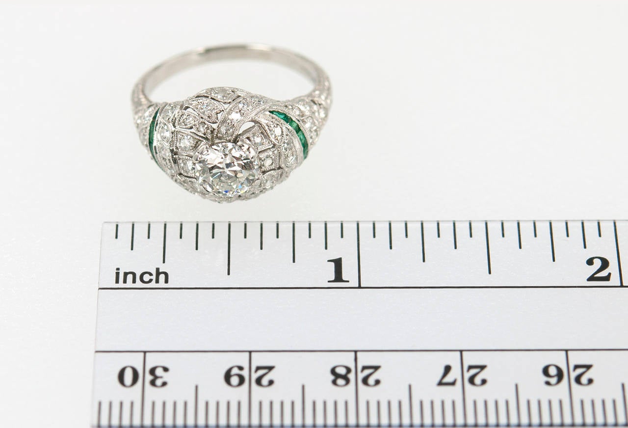 0.92 Carat Old European Cut Diamond Engagement Ring with Emerald Accents For Sale 6