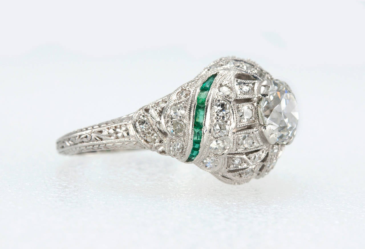 Women's 0.92 Carat Old European Cut Diamond Engagement Ring with Emerald Accents For Sale