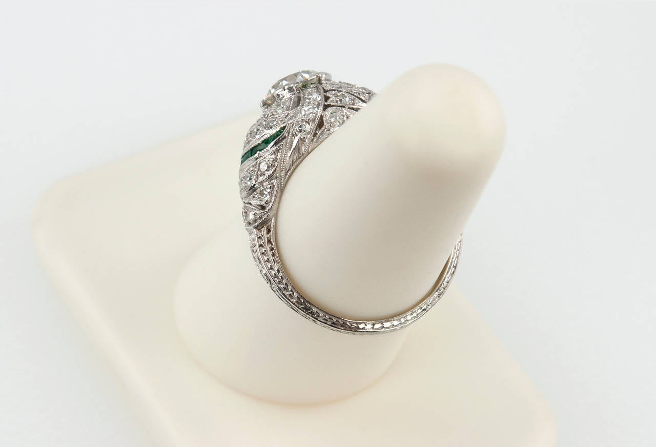 0.92 Carat Old European Cut Diamond Engagement Ring with Emerald Accents For Sale 5