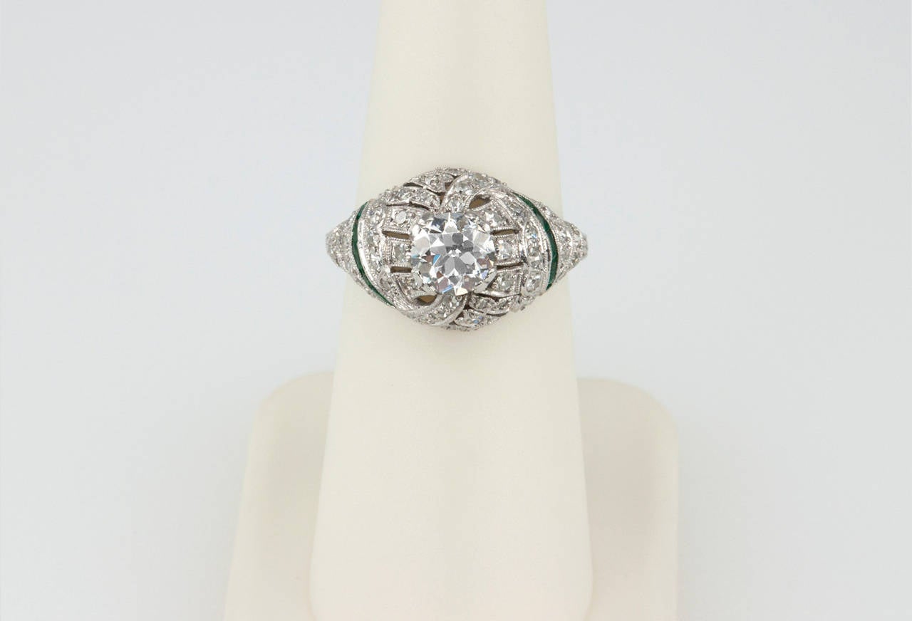 0.92 Carat Old European Cut Diamond Engagement Ring with Emerald Accents For Sale 3