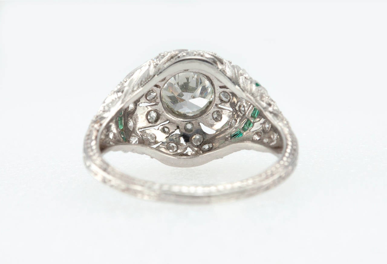 0.92 Carat Old European Cut Diamond Engagement Ring with Emerald Accents For Sale 1