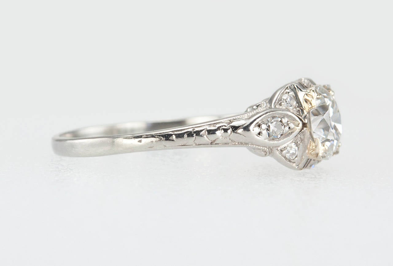 Women's Art Deco 0.96 Carat Diamond Platinum Engagement Ring