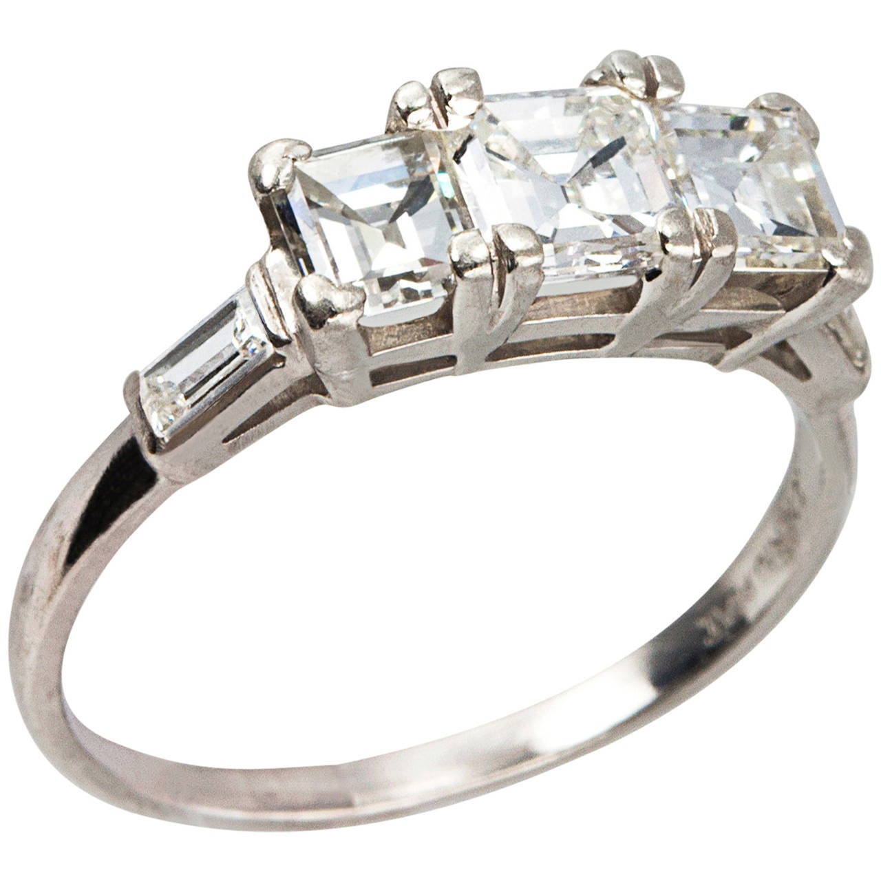 Art Deco Square Emerald Cut Diamond Platinum Three Stone Ring For Sale