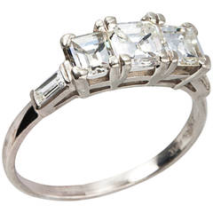 Art Deco Square Emerald Cut Diamond Platinum Three Stone Ring