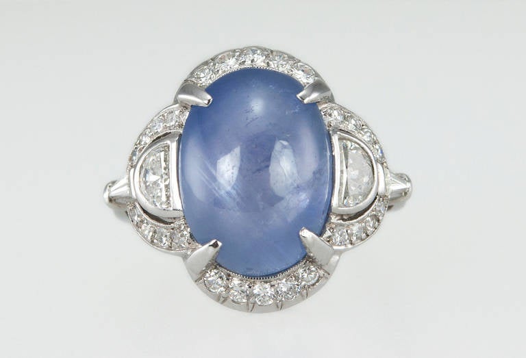 Art Deco Cabochon Sapphire Diamond Ring In Excellent Condition For Sale In Los Angeles, CA
