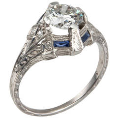 Art Deco 0.93 Carat Diamond Engagement Ring with Sapphire Accents 4