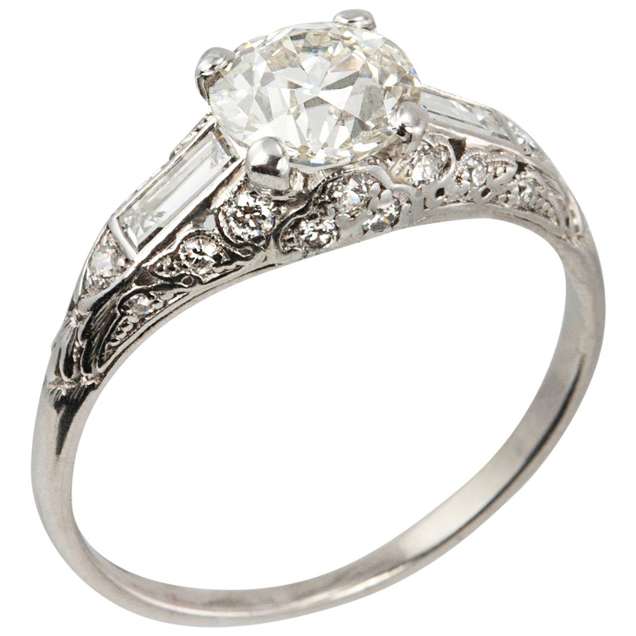 Art Deco 1.18 Carat Old European Cut Diamond Platinum Engagement Ring For Sale