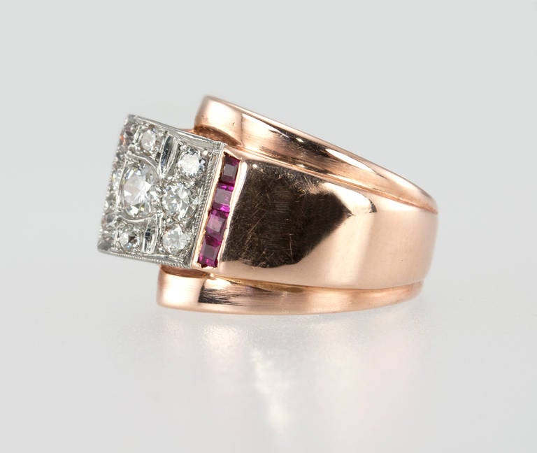 Ruby Diamond Rose Gold Retro Ring For Sale 1