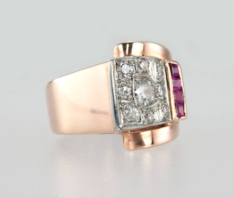 Ruby Diamond Rose Gold Retro Ring In Good Condition For Sale In Los Angeles, CA