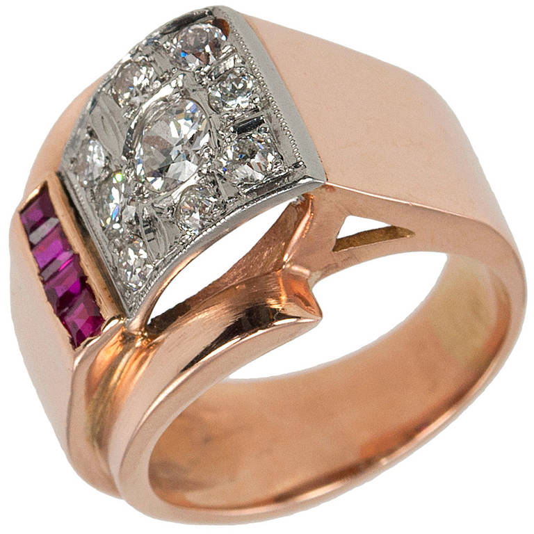 Ruby Diamond Rose Gold Retro Ring For Sale