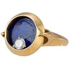 Vintage Unique Lapis Lazuli Diamond Gold Spinning Ring