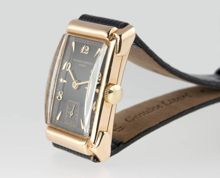 Vacheron & Constantine 14k yellow gold rectangular wristwatch. The watch has a 17-jewel movement with a refinished black Roman numeral dial with Arabic numerals and baton indexes, measures 22mm wide by 32mm long. Circa 1940s.

This watch includes