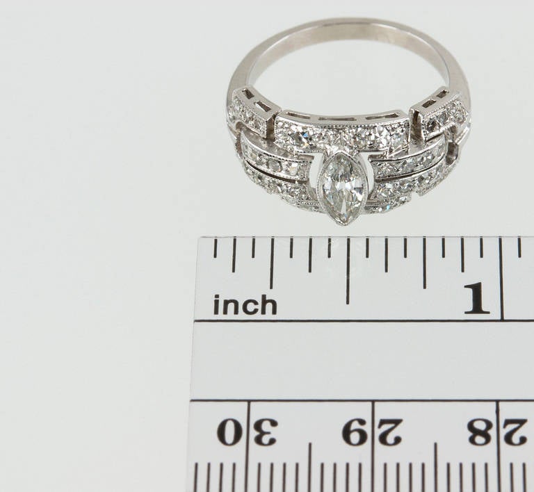 Art Deco Diamond Platinum Ring with Marquise Centre For Sale 1