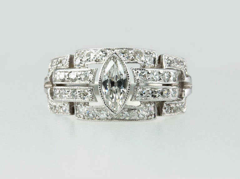 Marquise Cut Art Deco Diamond Platinum Ring with Marquise Centre For Sale