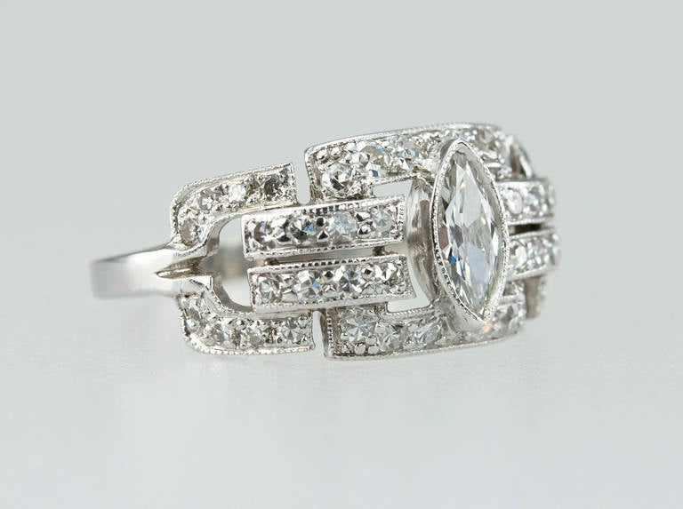 Art Deco Diamond Platinum Ring with Marquise Centre In Excellent Condition For Sale In Los Angeles, CA
