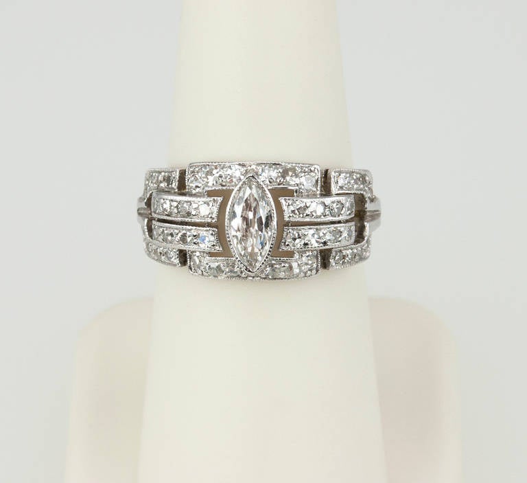 Art Deco Diamond Platinum Ring with Marquise Centre For Sale 2