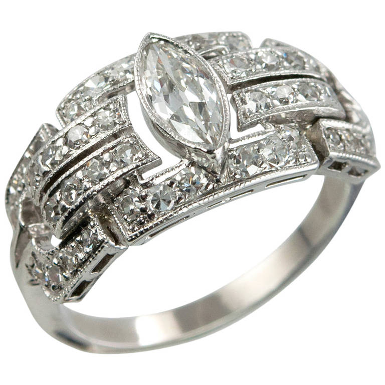 Art Deco Diamond Platinum Ring with Marquise Centre For Sale